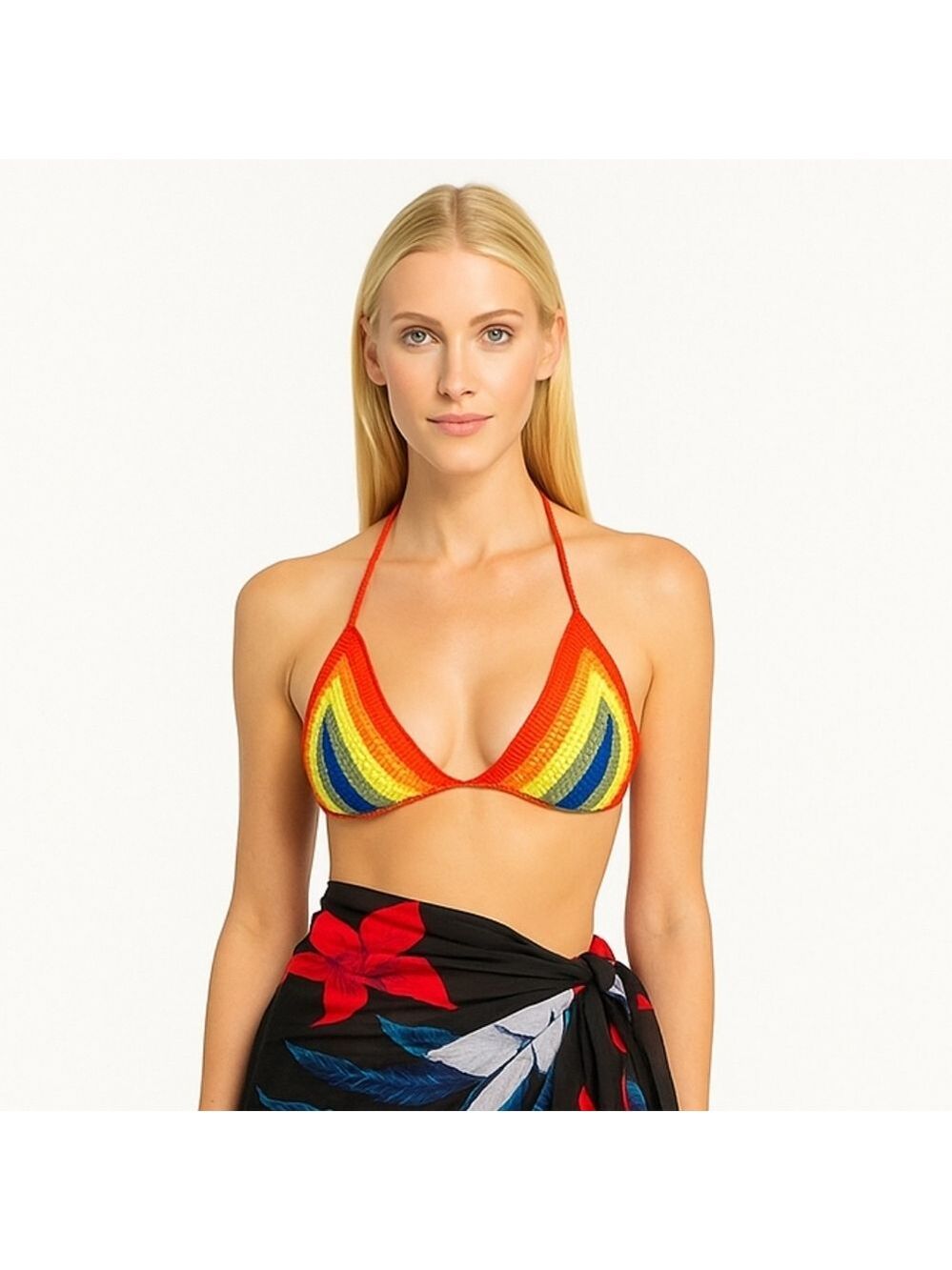 Handmade Crochet Crop-Top Rainbow Colors Deep V Swimming Cover-up top Colorful